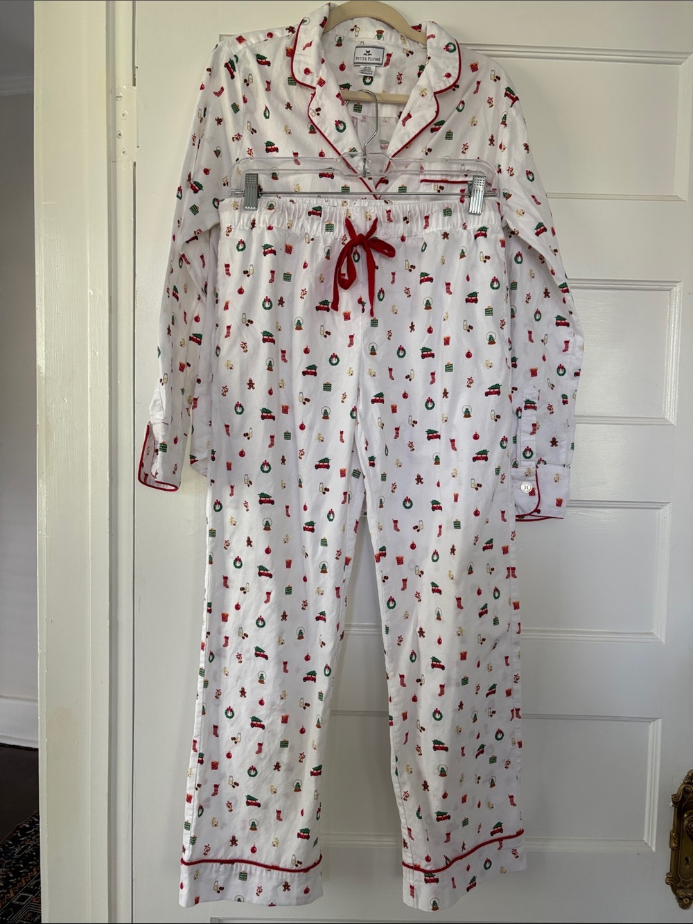 Women’s White Holiday-Print Pajama Set with Red Trim